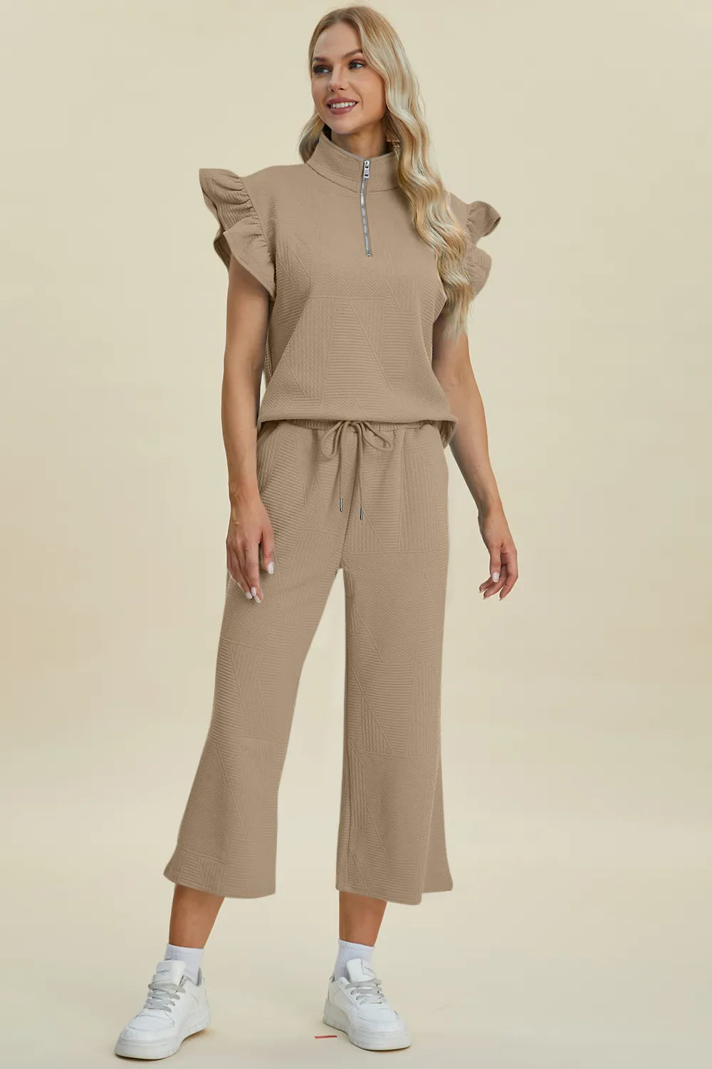 Front style of Double Take ruffle short sleeve top and pants