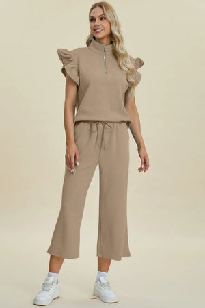 Front style of Double Take ruffle short sleeve top and pants