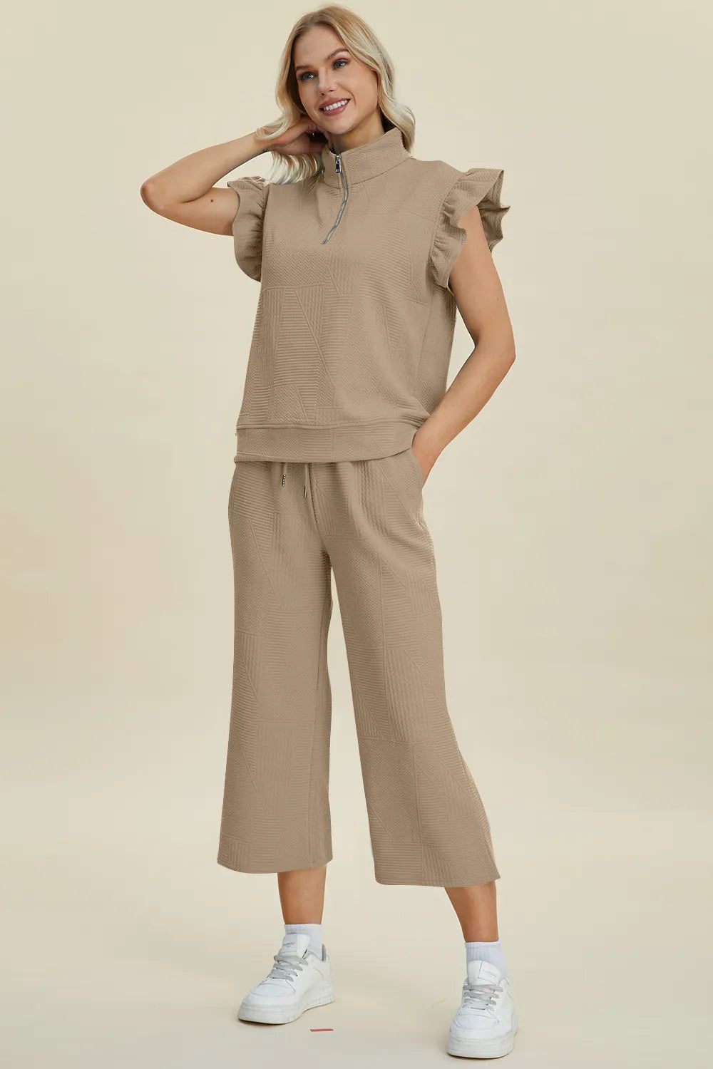 Front wearing view of Double Take textured ruffle top and pants
