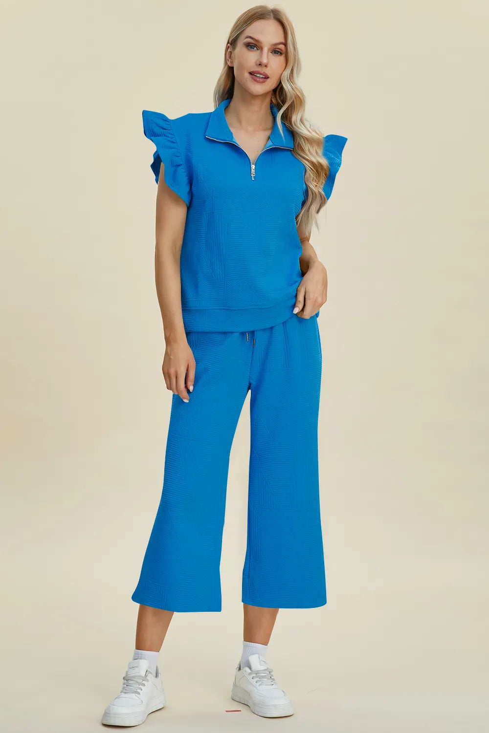 Stylish front view of Double Take textured top and pants set