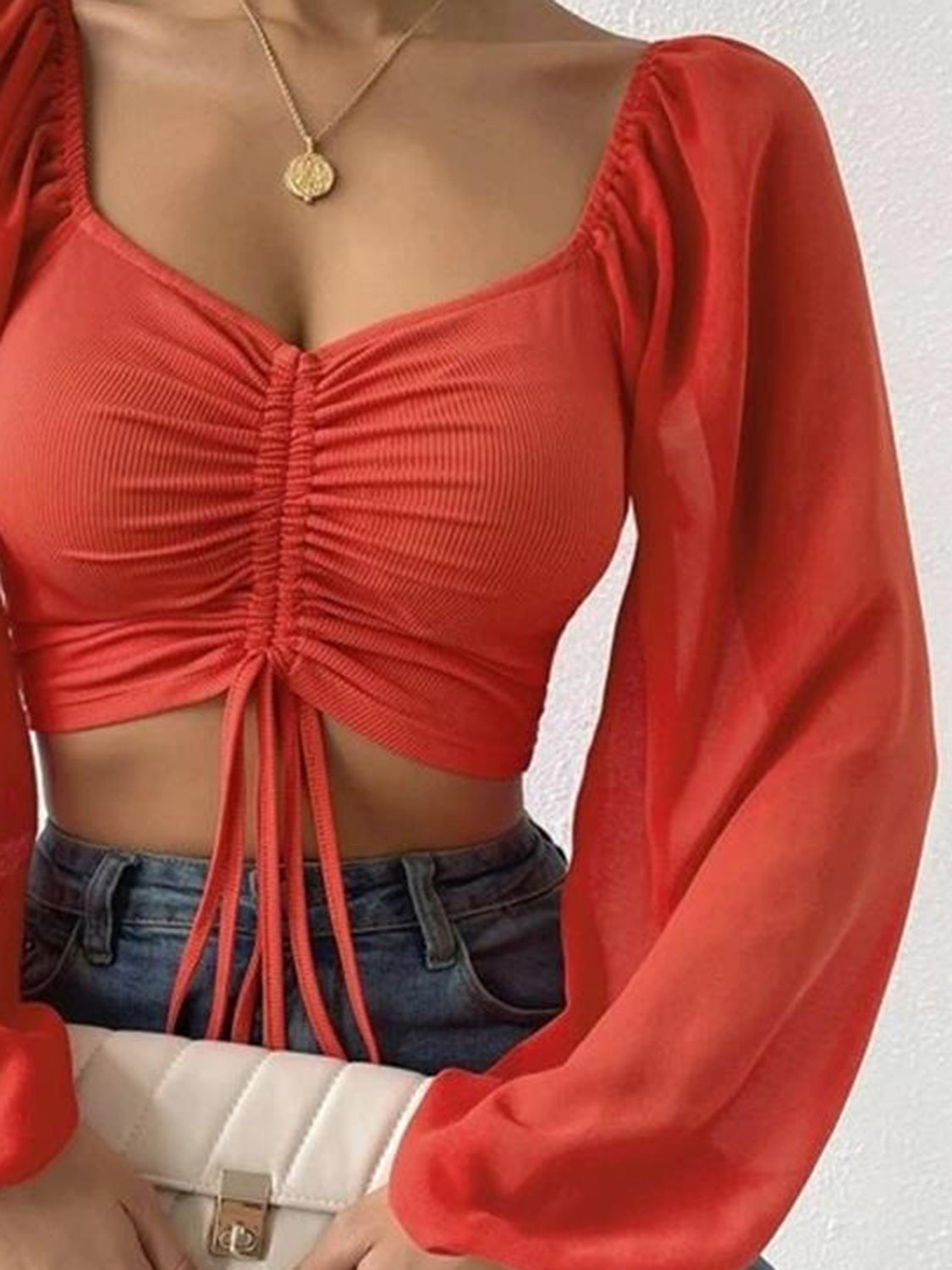 Front view showing drawstring detail and overall fit