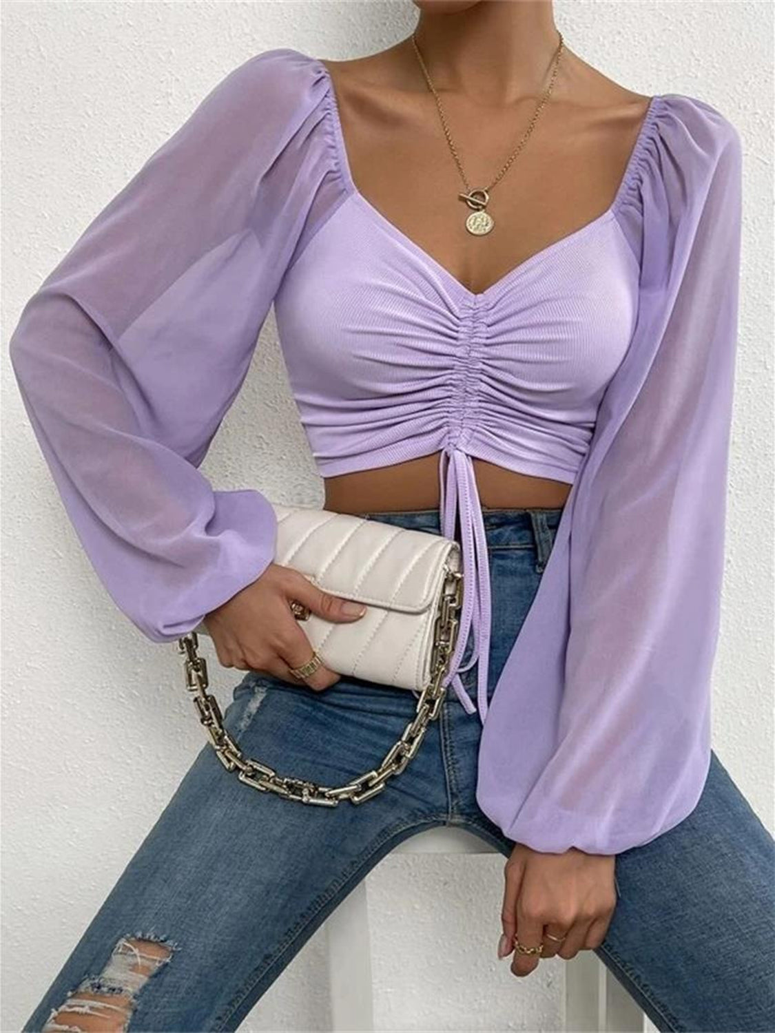 Front perspective showing perfect fit and neckline design
