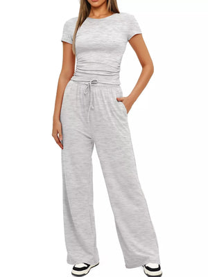 Short sleeve top and drawstring pants set front view