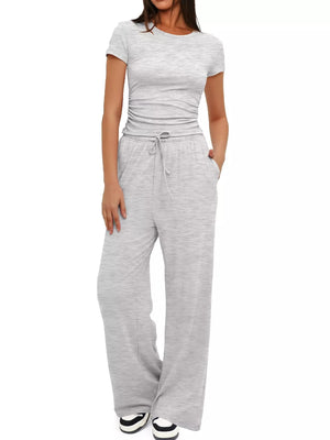 Short sleeve top with drawstring pants front 