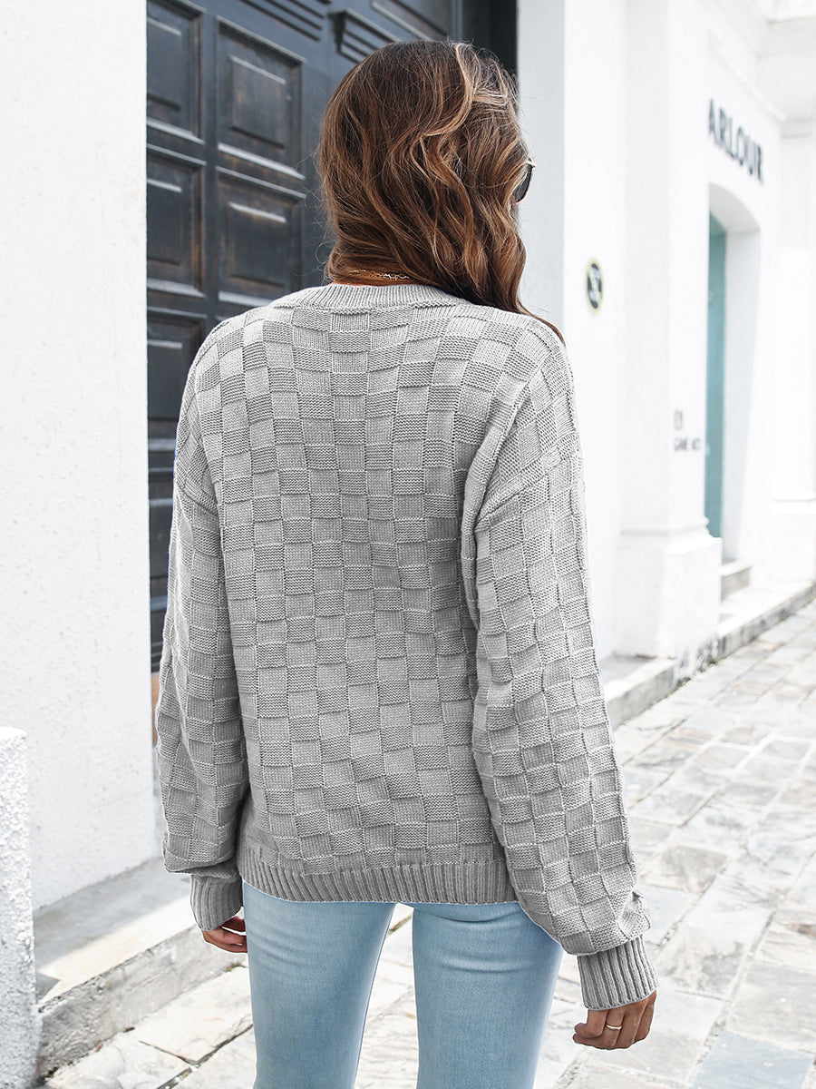 Rear view dropped shoulder sweater cozy long sleeve knitwear