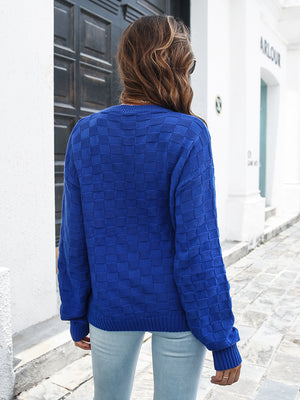 Back view of dropped shoulder sweater round neck loose casual style