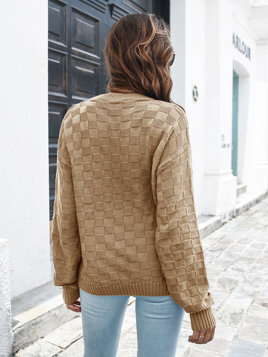 Back view round neck dropped shoulder sweater stylish loose fit