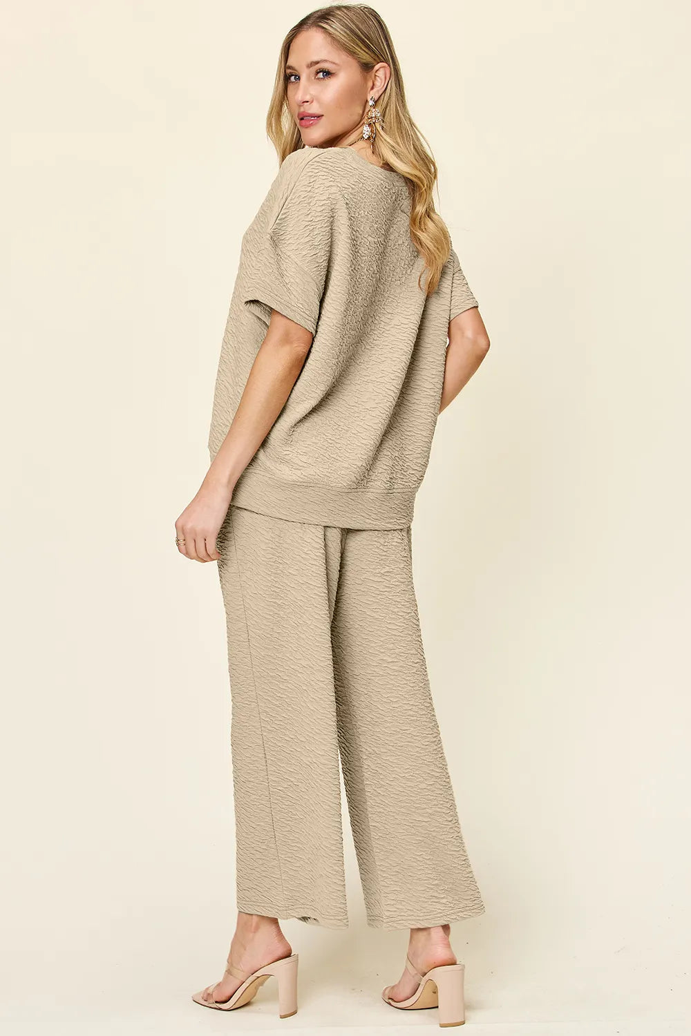 Back view of Double Take textured short sleeve top and pants set