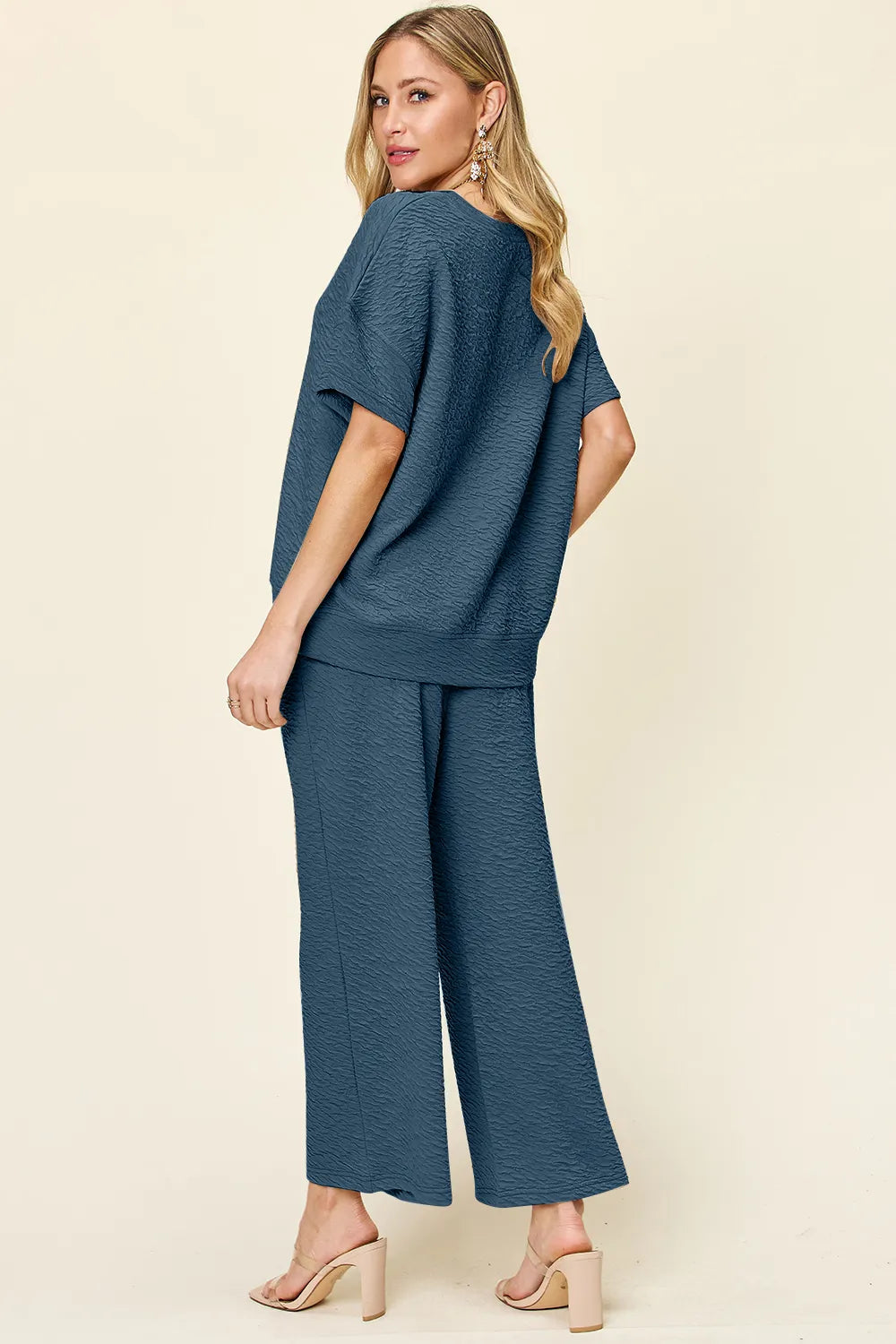 Back view of Double Take textured casual two-piece set