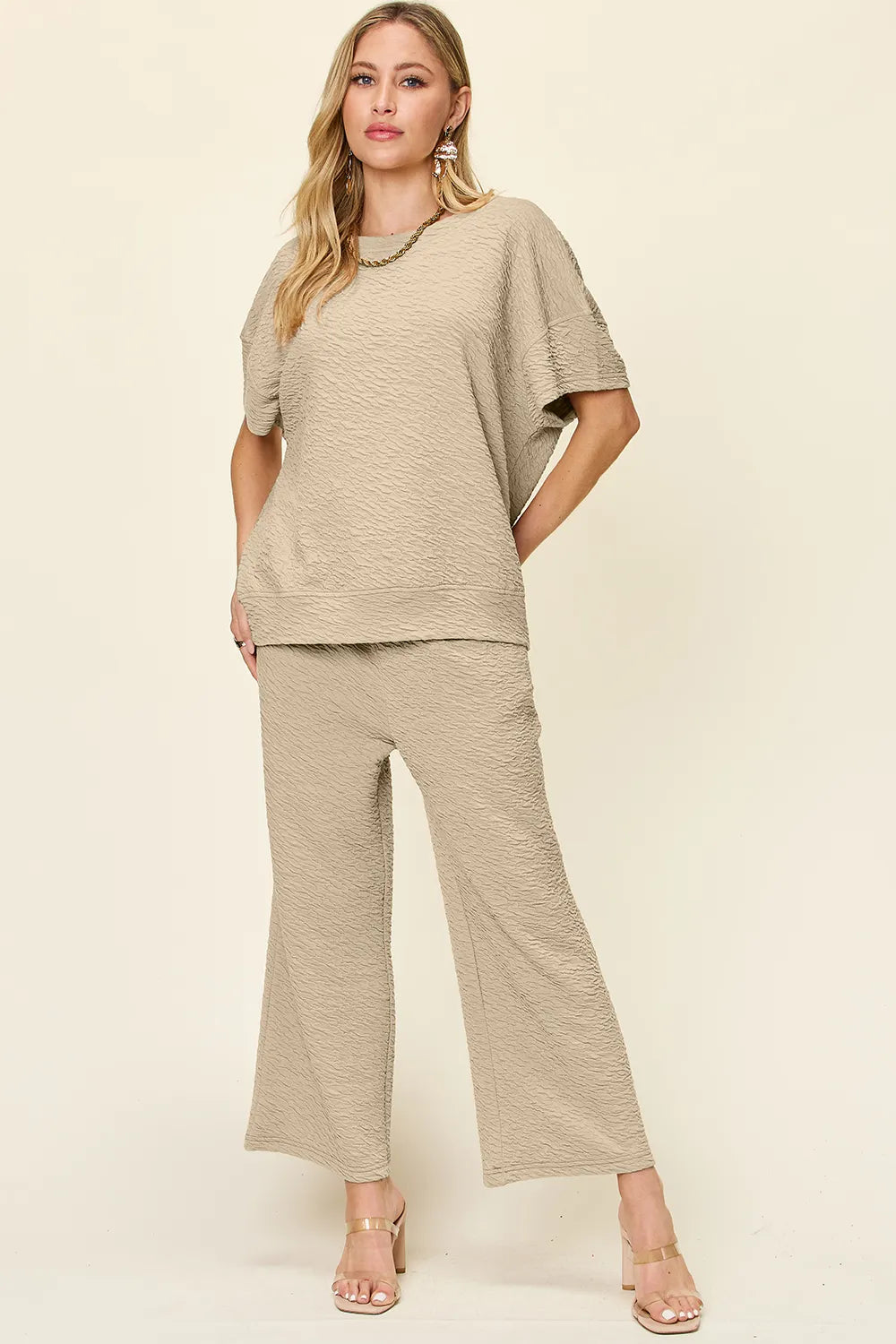 Front view of Double Take textured short sleeve top and pants set