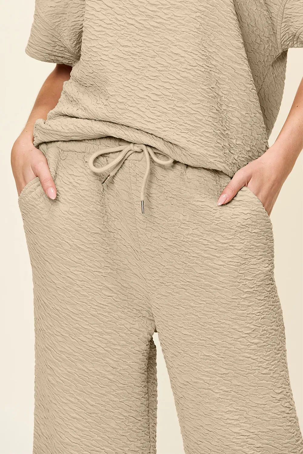 Front view of Double Take texture short sleeve two-piece set