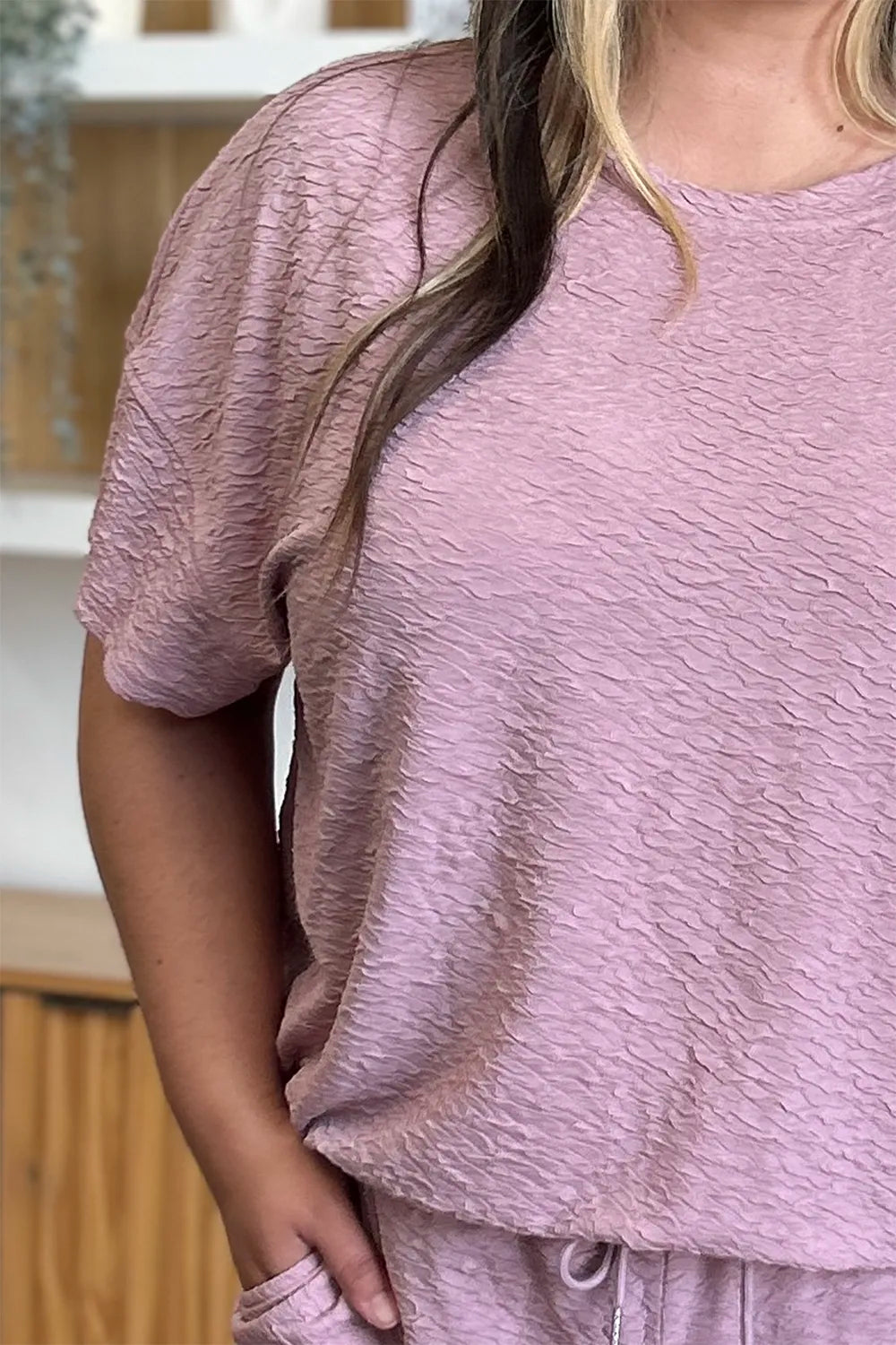 Front view of Double Take full size textured pants set