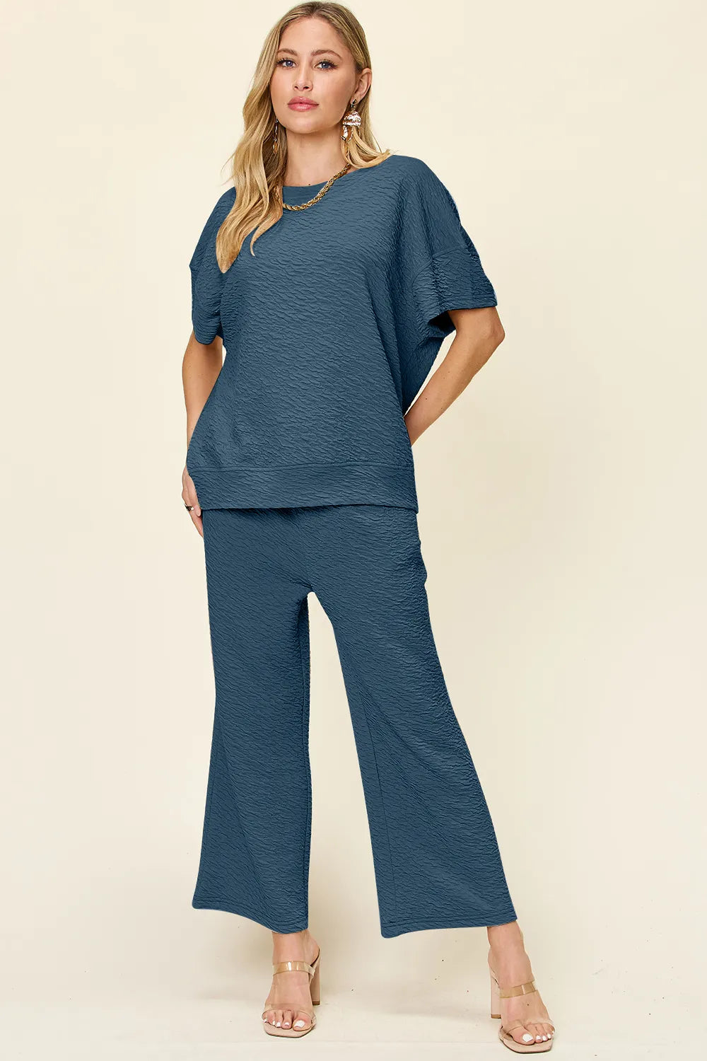 Front view of Double Take textured relaxed fit set