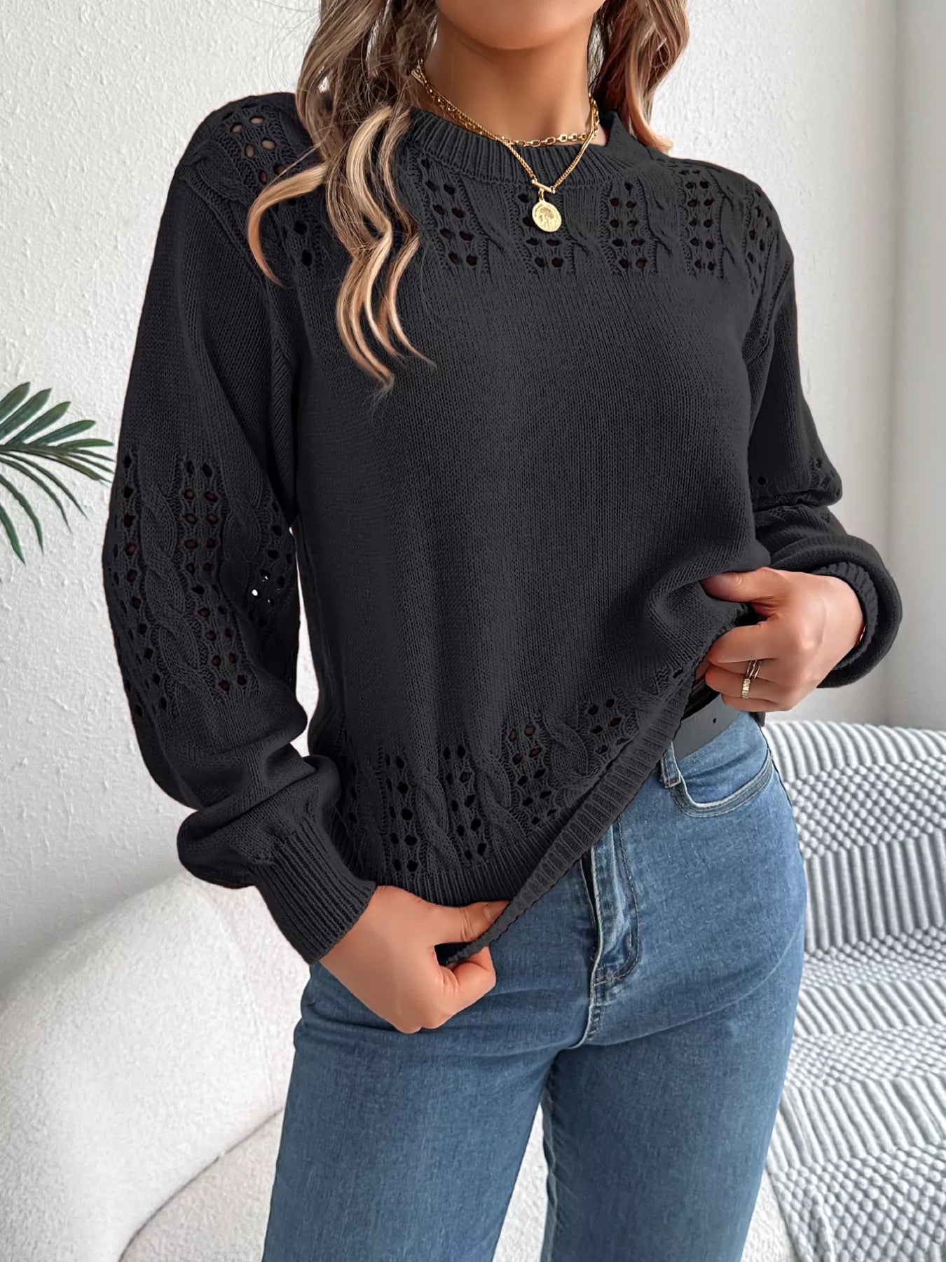 Elegant hollow out eyelet sweater front chic outfit