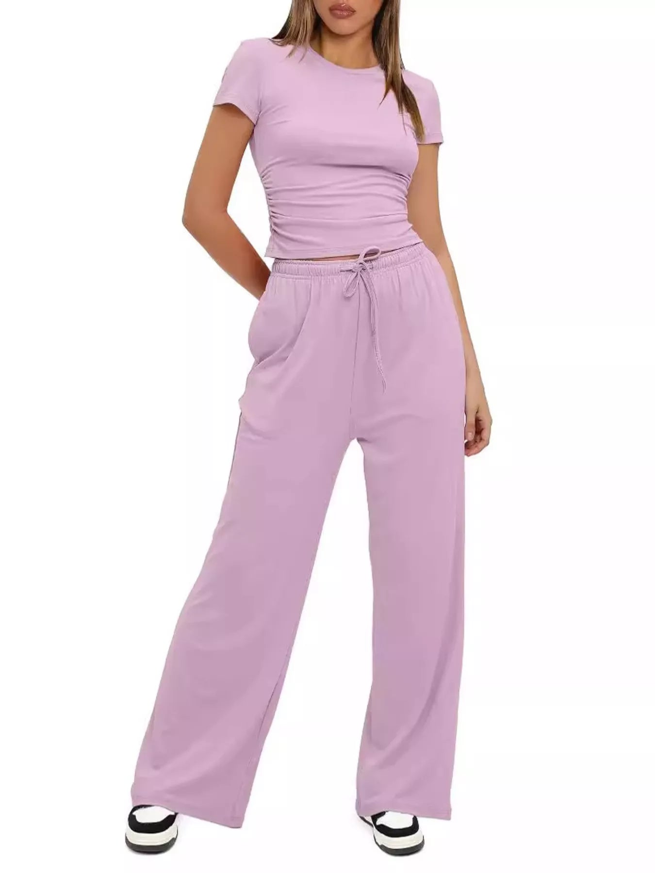 Everyday wear short sleeve top and drawstring pants front