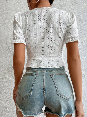 Eyelet drawstring puff sleeve crop blouse back view