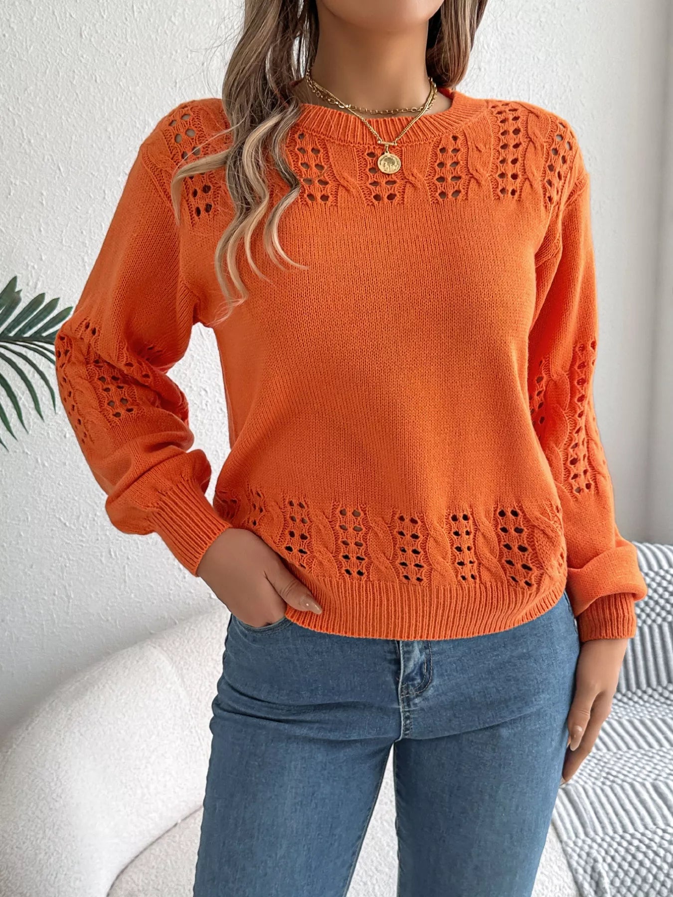 Soft hollow out eyelet sweater front stylish design