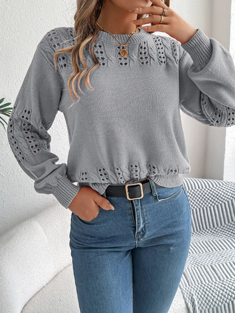 openwork sweater front stylish everyday outfit