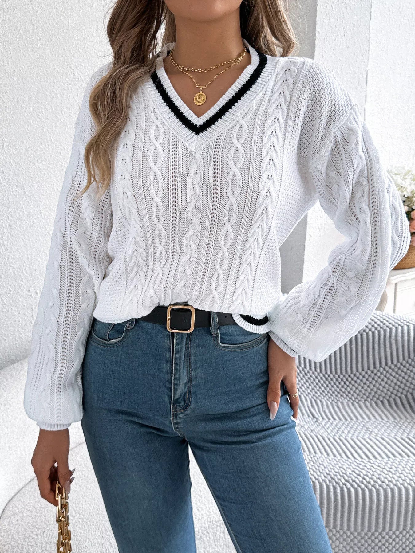 Fashion cable knit sweater front stylish outfit