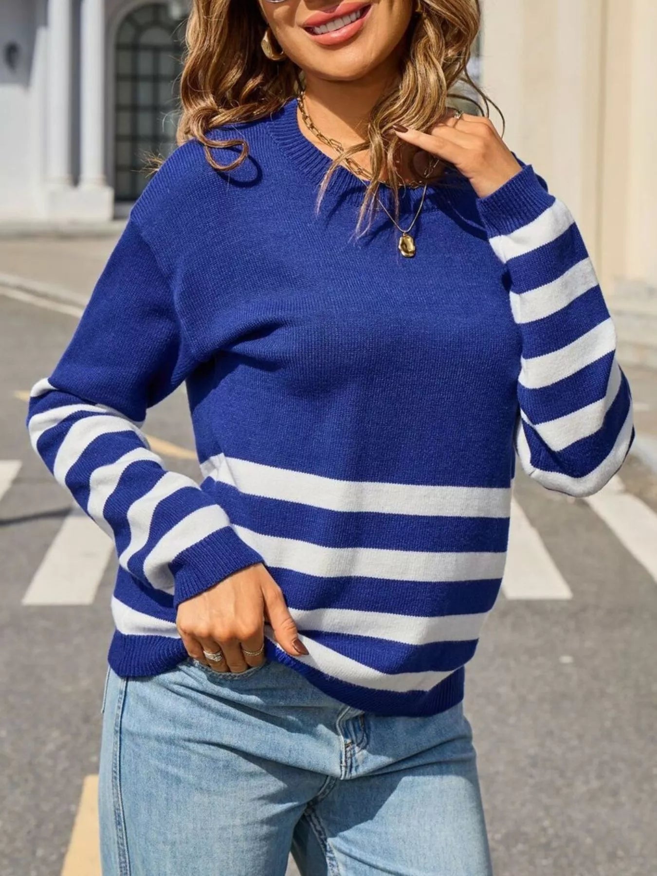 women's casual striped trim sweater front stylish outfit