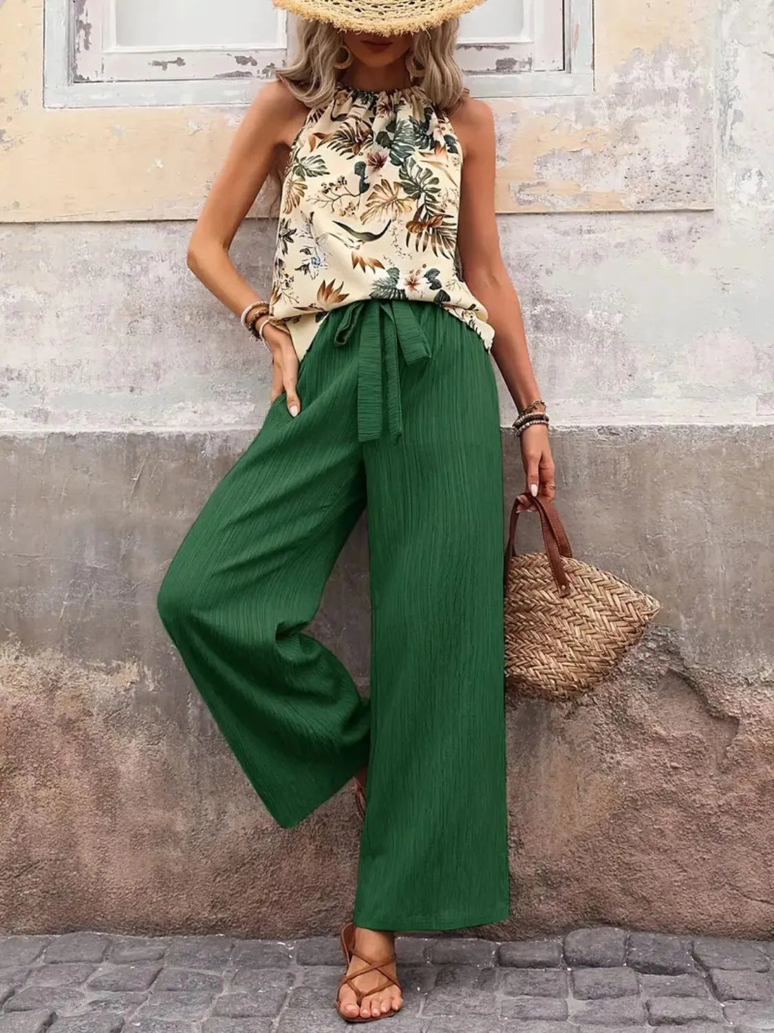 Printed tank top and wide leg pants set front view