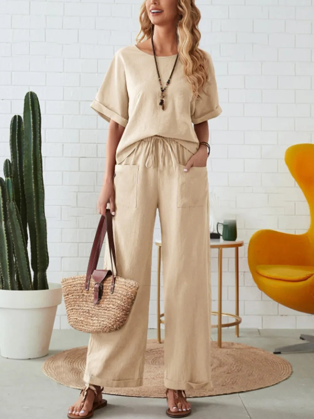 Casual front style of round neck half sleeve pants set