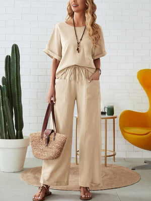Casual front style of round neck half sleeve pants set