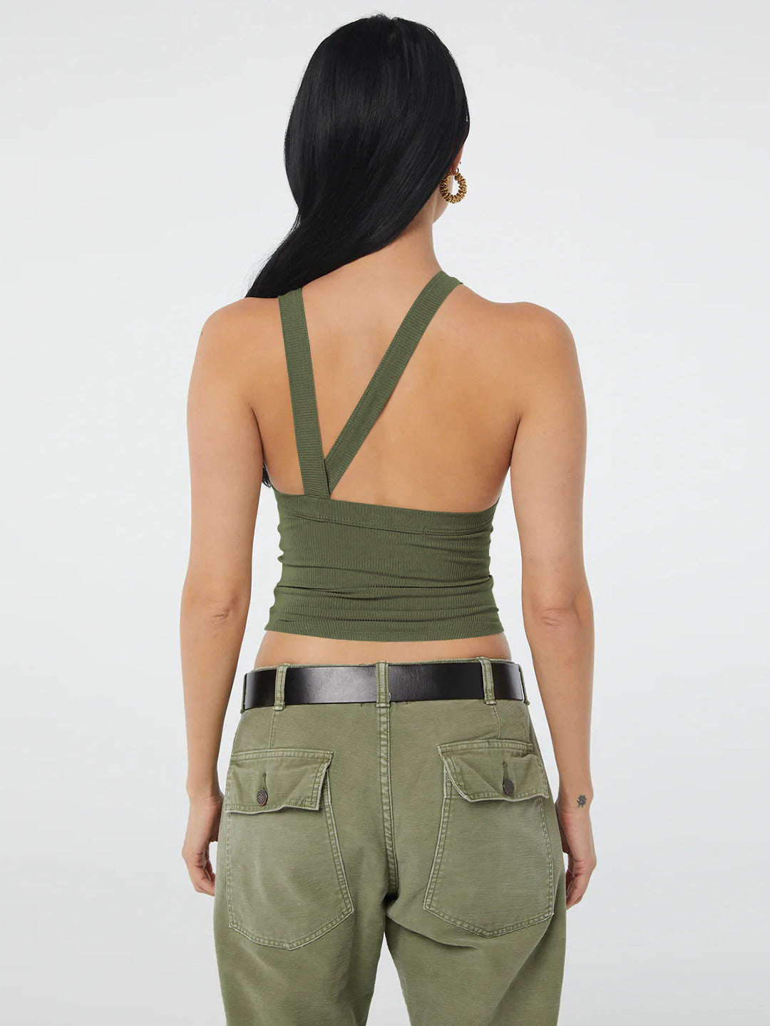 Back view showing the ribbed texture and halter neck design