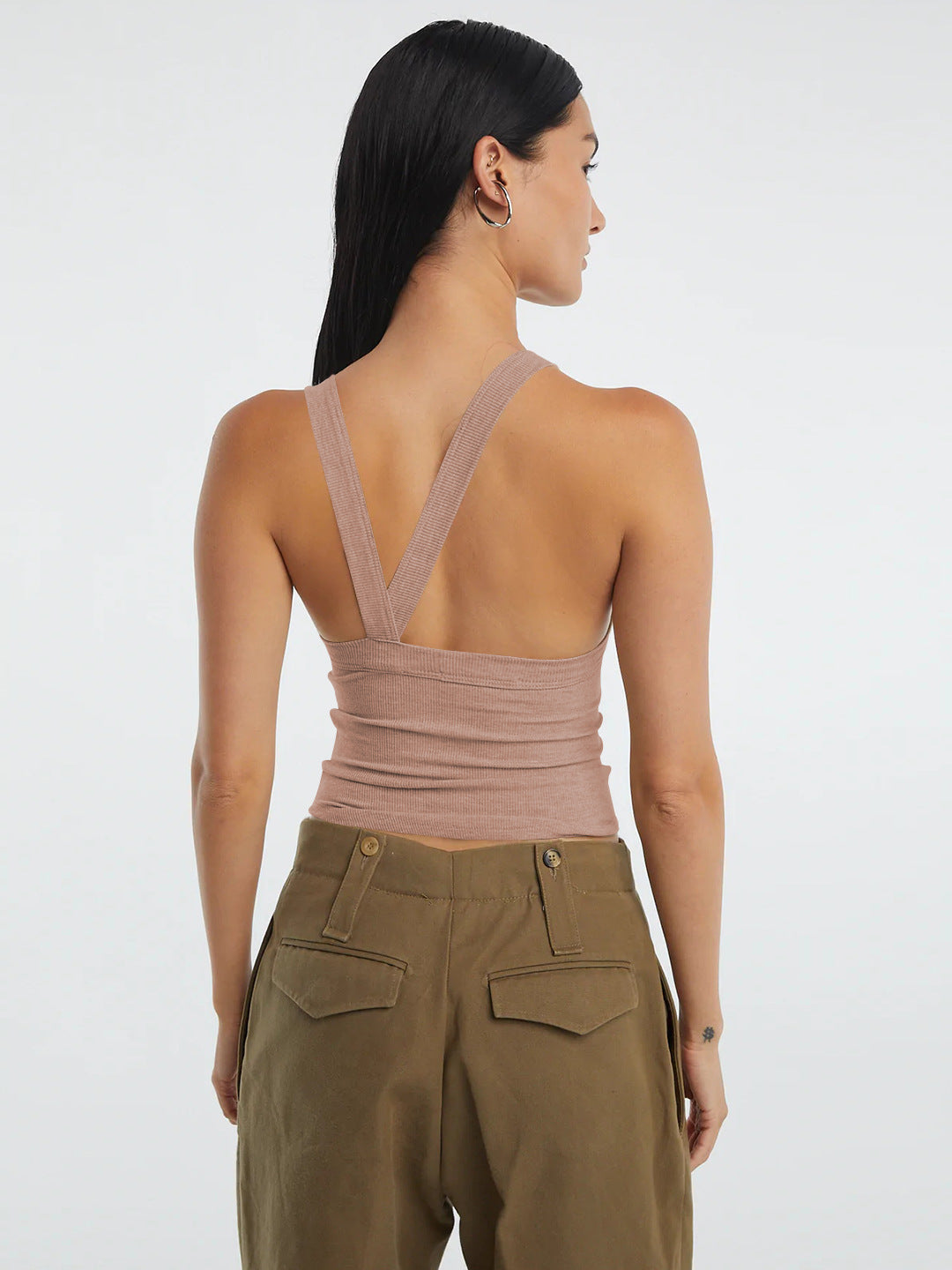 Back view emphasizing the top’s halter strap detail