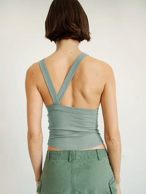 Back view showing the ribbed texture and halter neck design
