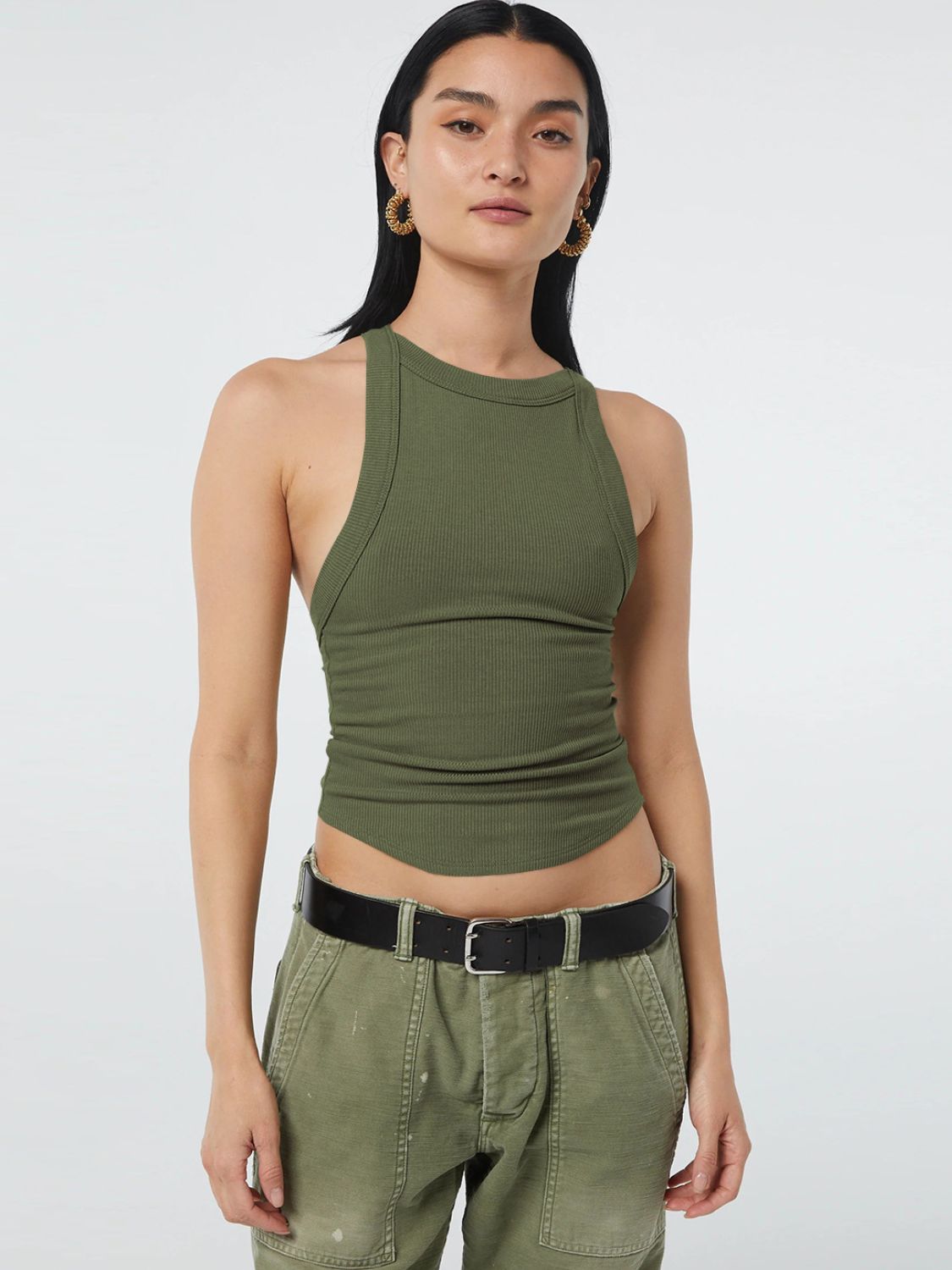 Front view of Halter Neck Ribbed Cropped Top in neutral color