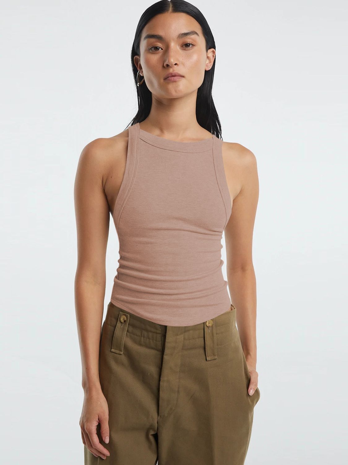 Front view showing the halter neckline and fit