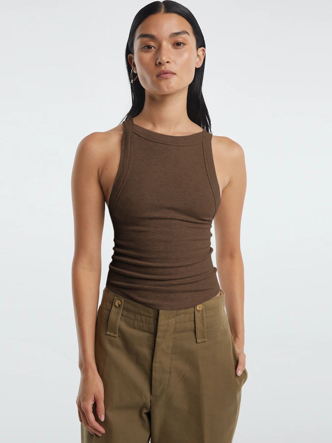 Front view showing the halter neckline and fit