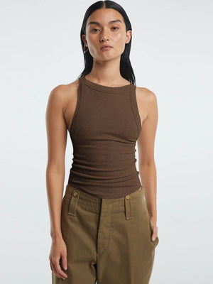 Front view showing the halter neckline and fit