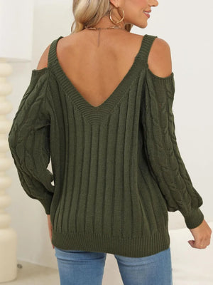 Back view of Cable-Knit Heart V-Neck Sweater with relaxed cozy fit