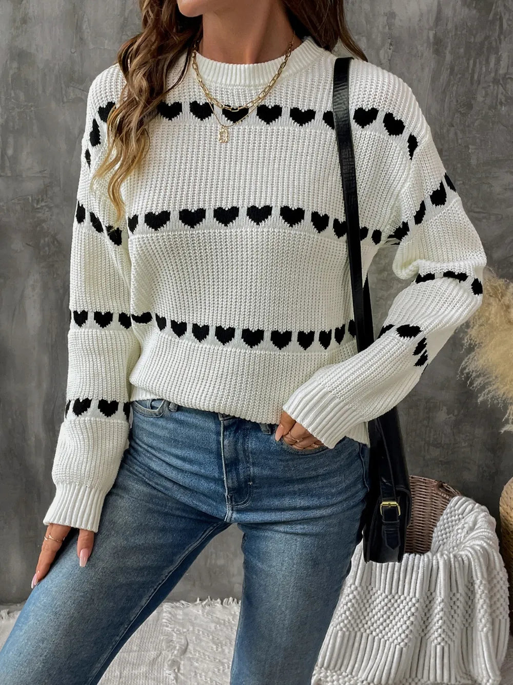 Perfee Heart Round Neck Long Sleeve Sweater front view with heart pattern