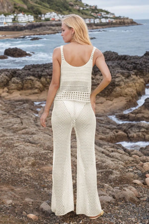 Back view of hollow out round neck top and pants set