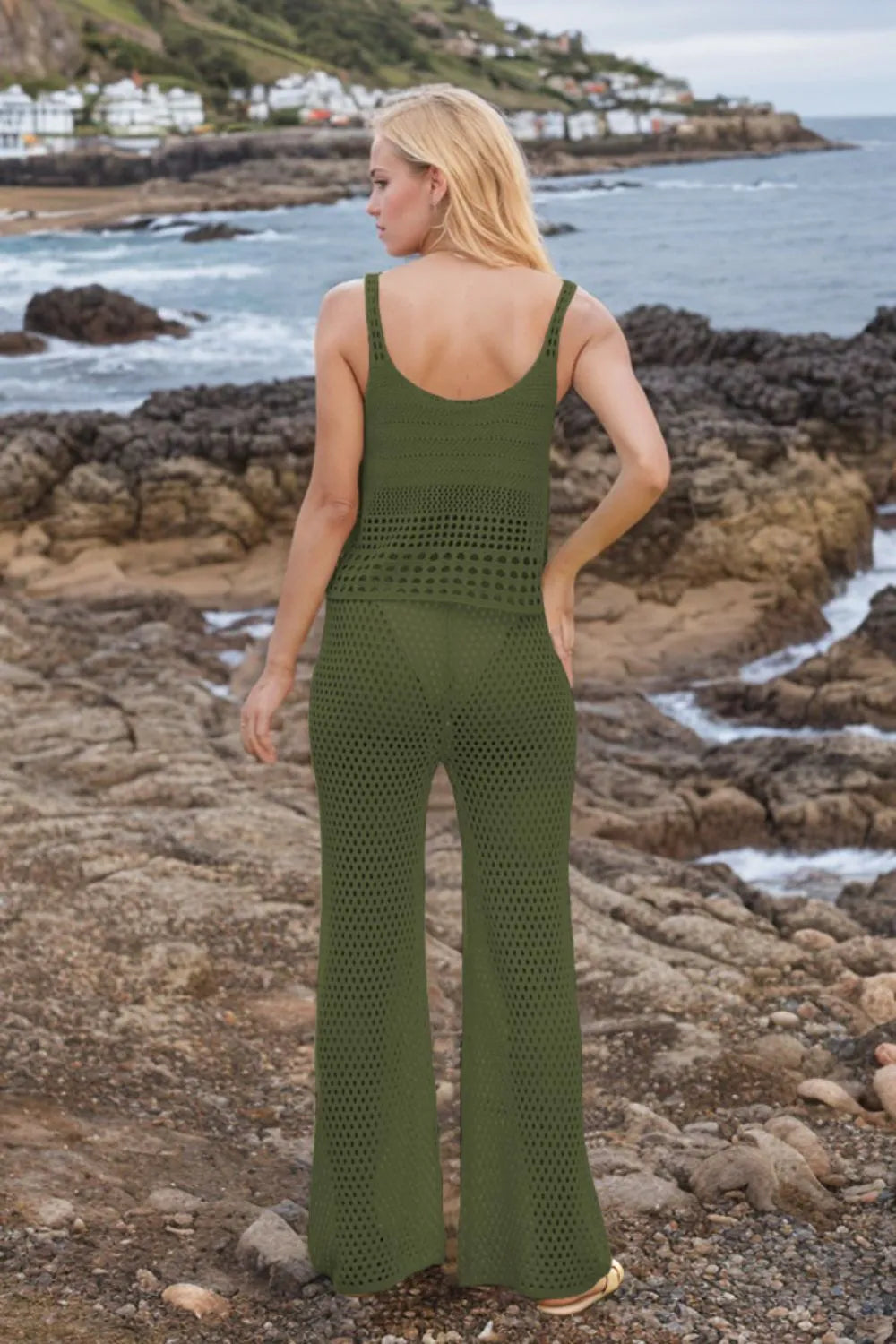 Rear view of hollow out round neck top and pants set