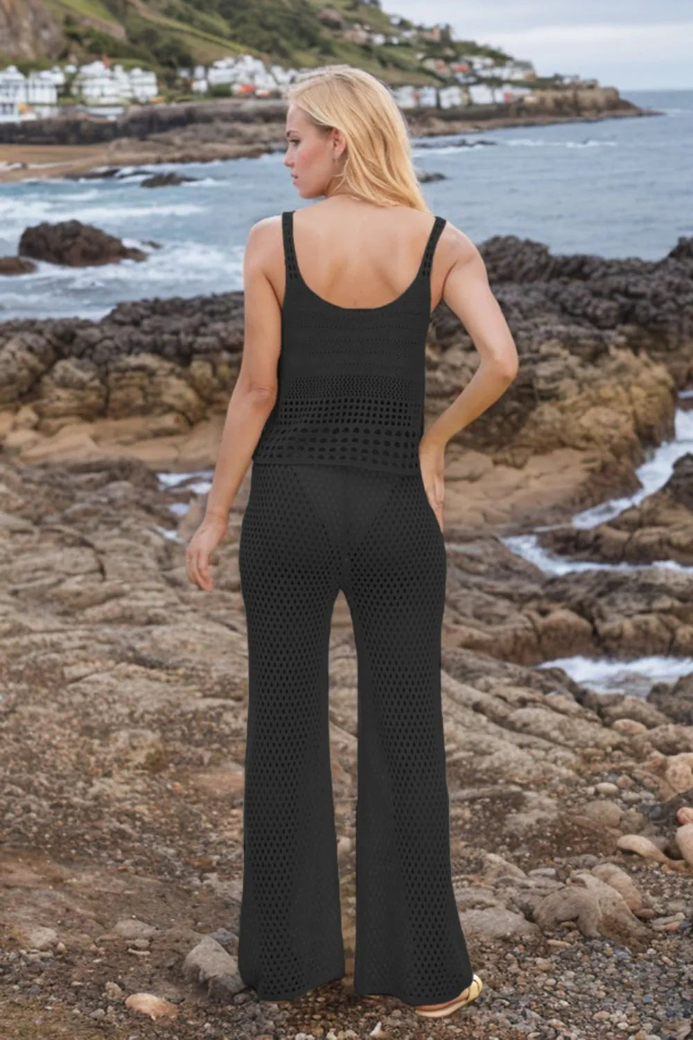 Rear view of hollow out round neck sweater cover up set