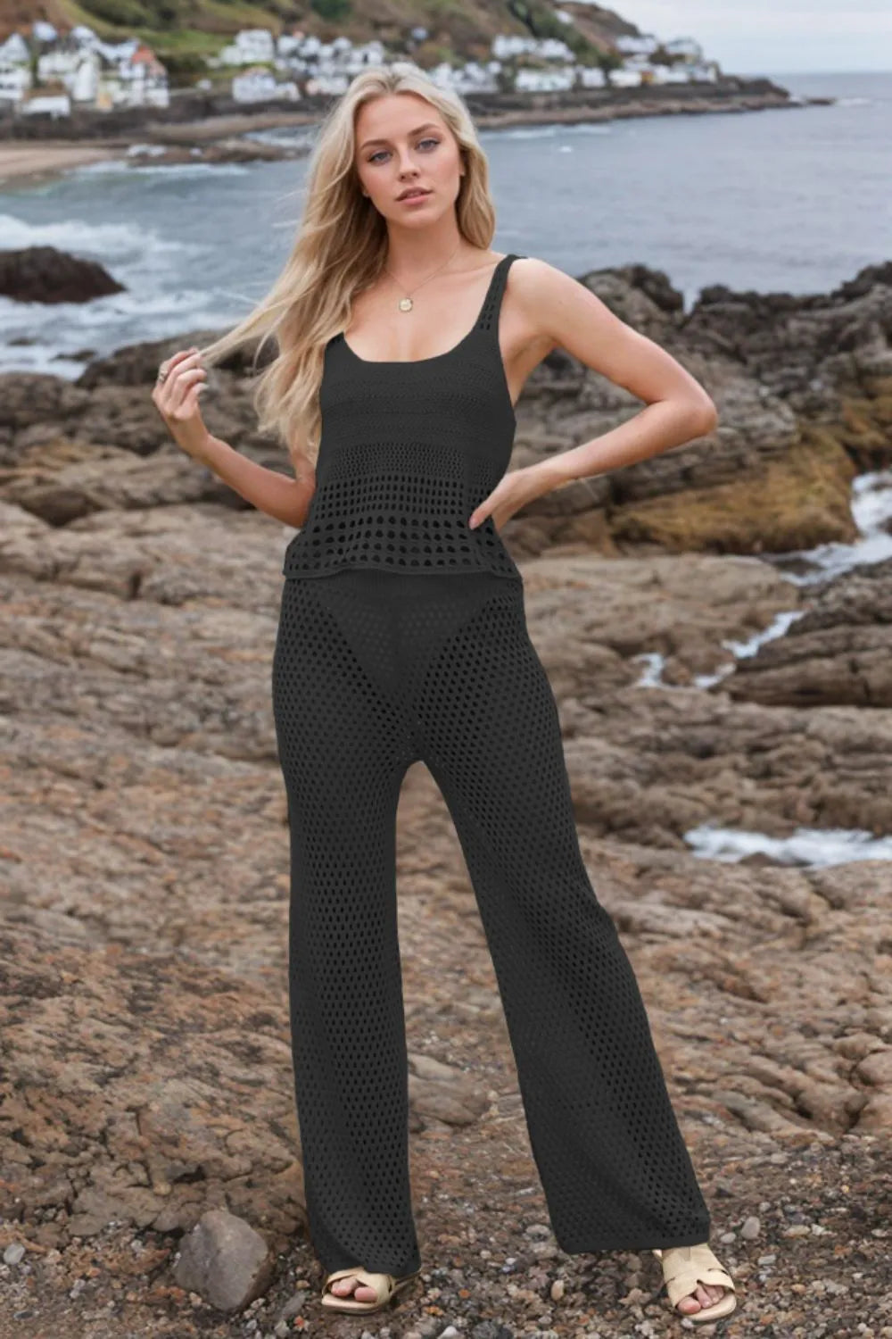 Front wearing view of hollow out top and pants set