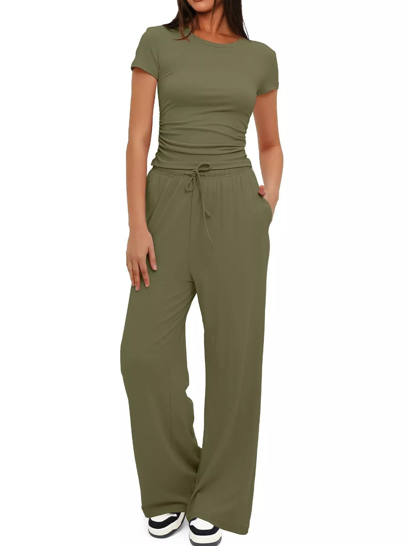 Short sleeve top and drawstring pants homewear set front