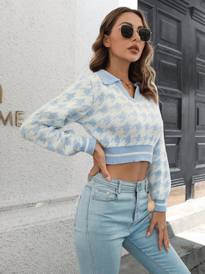 Close-up front view of houndstooth knit cropped sweater