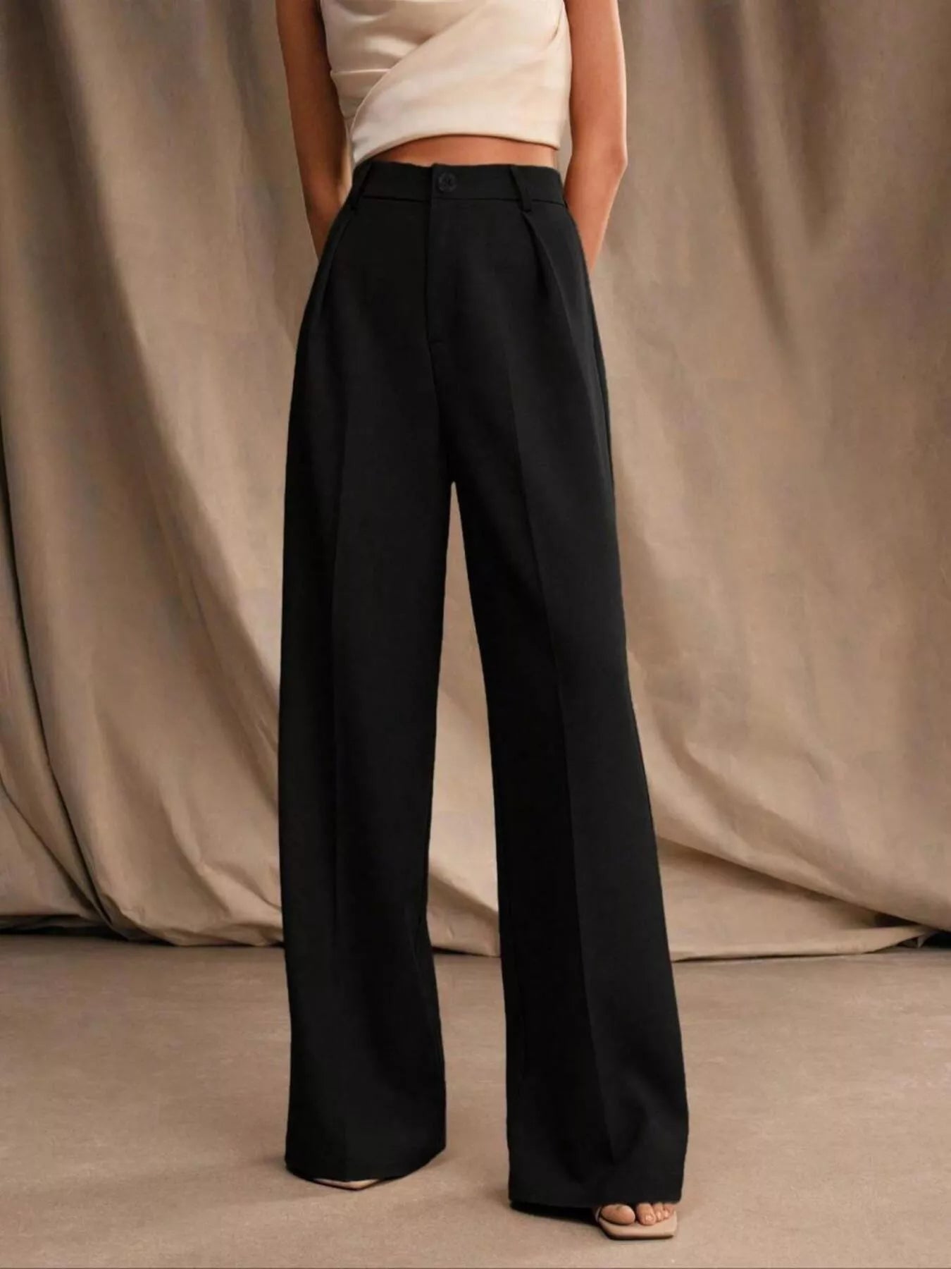 Side view of high-waisted wide-leg pants