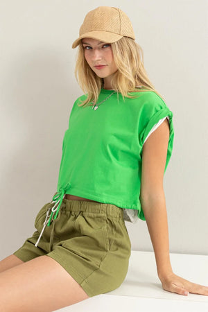 Trendy drawstring hem crop top front angle