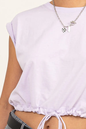 Stylish drawstring hem crop top front detail