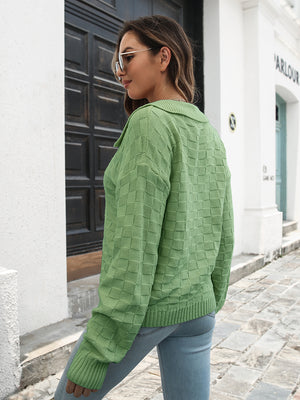 Johnny collar dropped shoulder sweater back view showing relaxed fit