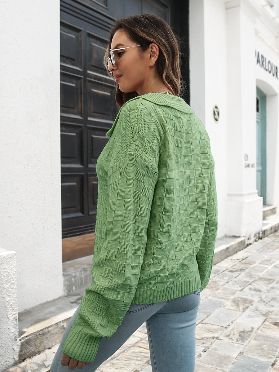Johnny collar dropped shoulder sweater back view showing relaxed fit