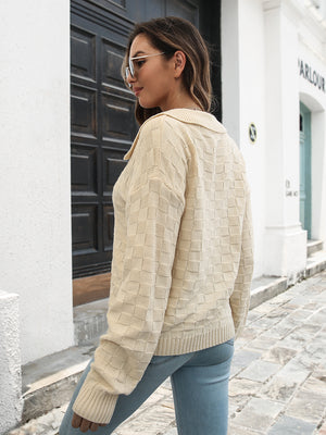 back view of johnny collar dropped shoulder sweater showing relaxed fit
