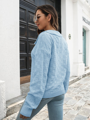 back view of johnny collar sweater relaxed casual style