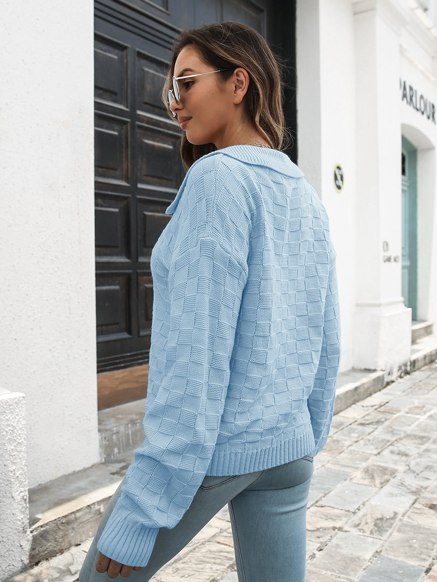 back view of johnny collar sweater relaxed casual style